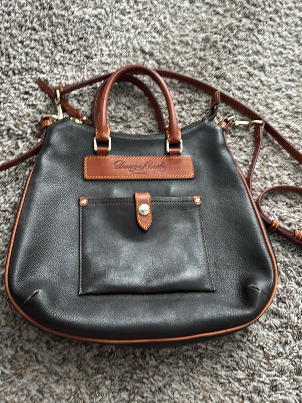 Dooney & Bourke Black Leather Tote with Brown Trim purse medium size